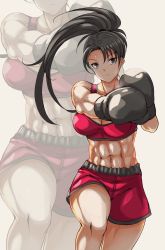 Rule 34 | 1girl, abs, absurdres, alternate costume, black hair, boxing, boxing gloves, boxing shorts, crop top, grey eyes, high ponytail, highres, muscular, muscular female, navel, nonoririn, ponytail, punching, red shorts, red tank top, shorts, soul calibur, stomach, sweat, taki (soulcalibur), tank top, thighs