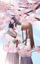 Rule 34 | 2girls, absurdres, black hair, brown hair, cherry blossoms, closed eyes, closed mouth, grey sailor collar, highres, holding hands, long hair, long sleeves, missholmes, multiple girls, neckerchief, original, red neckerchief, sailor collar, school uniform, serafuku, short hair, smile, upper body, yuri