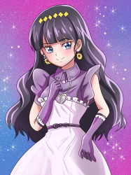 Rule 34 | 1girl, absurdres, black hair, blue background, breasts, collared dress, cowboy shot, delicious party precure, dress, earrings, female focus, gloves, gradient background, grey eyes, heart, heart necklace, highres, honogitune, jewelry, kasai amane, long hair, looking at another, looking at viewer, necklace, official alternate costume, precure, purple background, purple dress, purple gloves, short sleeves, small breasts, smile, solo, sparkle hair ornament, standing, star (symbol), starry background, upper body
