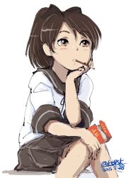 Rule 34 | 10s, 1girl, 4suke, brown hair, brown skirt, dated, food, food in mouth, hand on own face, image sample, kantai collection, pleated skirt, pocky, school uniform, serafuku, shikinami (kancolle), short hair, short ponytail, short sleeves, sitting, skirt, solo, twitter username, yellow eyes