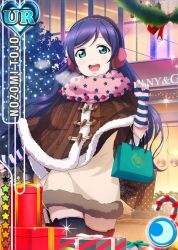 Rule 34 | 10s, 1girl, :d, aqua eyes, blush, box, breath, brown dress, candy, candy cane, card (medium), carrying, character name, christmas, christmas lights, christmas ornaments, christmas wreath, crescent, crescent moon, dress, earmuffs, fingerless gloves, fluffy, food, frilled thighhighs, frills, fur trim, garter straps, gift, gift box, gloves, heart, jpeg artifacts, long hair, looking at viewer, love live!, love live! school idol festival, love live! school idol project, moon, official art, open mouth, parted bangs, pink scarf, polka dot, pom pom (clothes), purple hair, scarf, shawl, smile, solo, sparkle, star (symbol), star print, striped clothes, striped gloves, striped thighhighs, sweater, sweater dress, thighhighs, tojo nozomi, tree, window, wreath, zettai ryouiki