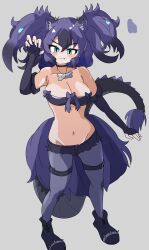 Rule 34 | 1girl, absurdres, bare shoulders, blue eyes, blue sclera, bone necklace, breasts, cerberus (kemono friends), cleavage, collar, colored sclera, elbow gloves, fang, female focus, fingerless gloves, full body, gloves, highres, kemono friends, large breasts, looking at viewer, lowleg, lowleg pants, monster girl, nail polish, navel, pants, purple hair, purple nails, purple pants, slit pupils, smile, solo, spiked boots, spiked collar, spikes, standing, tail, toro orororo