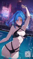 Rule 34 | 1girl, absurdres, arm up, armpits, bikini, black bikini, black choker, blue hair, breasts, building, choker, city lights, closed mouth, commentary, criss-cross halter, english commentary, gluteal fold, hair between eyes, halterneck, high ponytail, highres, kuso otoko, large breasts, long hair, multi-strapped bikini bottom, multicolored hair, navel, night, original, outdoors, pool, purple hair, qr code, skyscraper, solo, splashing, stomach, streaked hair, swimsuit, thigh gap, wading, water, water drop, wet, yellow eyes