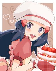 Rule 34 | 1girl, :d, apron, black hair, blush, cake, commentary request, creatures (company), dawn (palentine&#039;s 2021) (pokemon), dawn (pokemon), dress, eyelashes, food, game freak, grey eyes, hair ornament, hairclip, hat, heart, highres, holding, holding cake, holding food, looking at viewer, mittens, nakikot t, nintendo, official alternate costume, open mouth, outline, oven mitts, pokemon, pokemon masters ex, red mittens, short sleeves, smile, solo, teeth, tongue, white hat