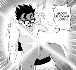 Rule 34 | 1boy, adjusting eyewear, bulge, chair, commentary, dragon ball, dragon ball super, english commentary, english text, erection, erection under clothes, funsexydb, glasses, glowing, greyscale, highres, male focus, monochrome, office chair, opaque glasses, open mouth, shaded face, sitting, solo, son gohan, surprised, sweat, swivel chair