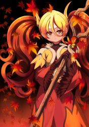 Rule 34 | 1girl, absurdres, autumn leaves, bell, black background, blonde hair, borokuro, brown gloves, brown hair, creatures (company), delphox, dress, falling leaves, flame print, game freak, gen 6 pokemon, gloves, hair between eyes, highres, holding, holding staff, leaf, long hair, long sleeves, looking at viewer, nintendo, personification, pokemon, red dress, red eyes, solo, staff, standing, twintails, very long hair