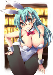 Rule 34 | 10s, 1girl, animal ears, aqua eyes, aqua hair, bare shoulders, bespectacled, black pantyhose, blush, bow, bowtie, breasts, brown-framed eyewear, cleavage, curvy, detached collar, fake animal ears, glasses, grin, hair ornament, hairclip, hand on own hip, highres, kantai collection, large breasts, leaning forward, leotard, long hair, looking at viewer, pantyhose, playboy bunny, rabbit ears, rabbit tail, shinshin, smile, solo, suzuya (kancolle), tail, thigh gap, white leotard, wide hips, wrist cuffs