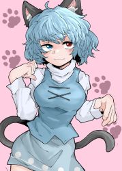 Rule 34 | 1girl, animal ears, blue eyes, blue hair, blue skirt, blue vest, breasts, cat ears, cat tail, closed mouth, cowboy shot, cross-laced clothes, fe (tetsu), heterochromia, highres, juliet sleeves, large breasts, long sleeves, looking at viewer, paw print, pink background, puffy sleeves, red eyes, shirt, short hair, skirt, smile, solo, standing, tail, tatara kogasa, touhou, turtleneck, vest, white shirt