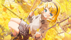 Rule 34 | 1girl, autumn, black footwear, black hairband, blonde hair, blue eyes, blurry, blurry background, blurry foreground, brown skirt, commentary request, daidou (demitasse), day, depth of field, dutch angle, ginkgo leaf, grin, hair ornament, hairband, hairclip, highres, kagamine rin, leaf, looking at viewer, outdoors, plaid, plaid skirt, ribbed sweater, shoes, sitting, skirt, smile, socks, solo, sweater, swing, tree, turtleneck, turtleneck sweater, vocaloid, white socks, white sweater, yellow theme