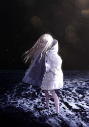 Rule 34 | 1girl, artist name, bare legs, black sky, black sweater, blonde hair, blue eyes, blunt bangs, cinkai, coat, copyright request, dress, from side, hand in pocket, highres, lens flare, light, long hair, long sleeves, looking at viewer, looking to the side, night, night sky, ocean, one eye closed, outdoors, sky, soaking feet, solo, standing, sweater, sweater dress, unbuttoned, wading, water, white coat, wind