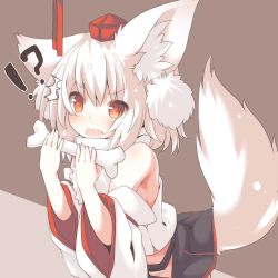 Rule 34 | !?, 1girl, ^^^, animal ear fluff, animal ears, bare shoulders, black skirt, bone, brown eyes, commentary, daidai ookami, detached sleeves, dress, fang, hair between eyes, hands up, hat, holding, inubashiri momiji, long sleeves, looking at viewer, mini hat, open mouth, pleated skirt, pom pom (clothes), red hat, saliva, shirt, skirt, sleeveless, sleeveless shirt, solo, tail, tail raised, tokin hat, touhou, turtleneck, wavy mouth, white hair, white shirt, white sleeves, wide sleeves, wolf ears, wolf girl, wolf tail