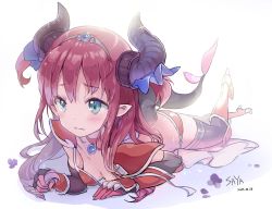 Rule 34 | 1girl, armor, bikini armor, dated, elizabeth bathory (brave) (fate), elizabeth bathory (fate), fate/grand order, fate (series), foreshortening, horns, long hair, loose bikini, lying, on stomach, pauldrons, pink hair, pointy ears, red armor, saya (mychristian2), shoulder armor, simple background, solo, tail, tiara, white background