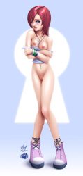 Rule 34 | 1girl, blue eyes, breasts, female focus, full body, gradient background, highres, kairi (shery rakuura), kingdom hearts, nipples, pussy, red hair, shoes, smile, solo, uncensored, white background
