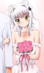 Rule 34 | 1girl, blush, bouquet, bridal veil, closed mouth, commentary request, dr rex, dress, flower, hair flower, hair intakes, hair ornament, head tilt, high school dxd, holding, holding bouquet, jacket, long hair, long sleeves, pink flower, pink ribbon, pink rose, ribbon, rose, see-through, silver hair, smile, solo focus, strapless, strapless dress, toujou koneko, veil, wedding dress, white dress, white flower, white jacket, white rose
