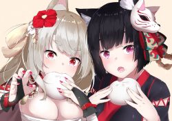 Rule 34 | 2girls, absurdres, animal ear fluff, animal ears, azur lane, baozi, black hair, blunt bangs, breasts, bridal gauntlets, budget sarashi, cat ears, claw pose, cleavage, commentary request, cotton kanzaki, dog ears, eating, flower, food, food in mouth, food on face, fox mask, grey hair, hair flower, hair ornament, highres, holding, holding food, large breasts, long hair, looking at viewer, mask, mask on head, multiple girls, nail polish, purple eyes, red eyes, red nails, sarashi, short hair, sidelocks, tassel, thick eyebrows, yamashiro (azur lane), yuudachi (azur lane), yuudachi (shogun of snowballs) (azur lane)