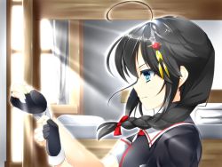 Rule 34 | 10s, 1girl, adjusting clothes, adjusting gloves, ahoge, bed, black hair, blue eyes, braid, bunk bed, close-up, fingerless gloves, from side, gloves, hair ornament, hair over shoulder, indoors, kantai collection, remodel (kantai collection), serious, shigure (kancolle), single braid, stachz, sunlight, window