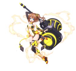 Rule 34 | 1girl, arm up, black sleeves, black thighhighs, blue eyes, breasts, brown hair, covered navel, detached sleeves, floating hair, full body, game cg, hair between eyes, holding, holding weapon, leotard, long hair, medium breasts, official art, orange footwear, raikubo kana, side ponytail, solo, sora no kanata no dystopia x shitei, thighhighs, transparent background, weapon, yellow leotard