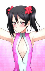 Rule 34 | 10s, 1girl, bare shoulders, black hair, blush, breasts, embarrassed, front zipper swimsuit, gradient background, highres, kenken, love live!, love live! school idol project, meme attire, no bra, one-piece swimsuit, red eyes, short hair, small breasts, solo, swimsuit, twintails, unzipped, yazawa nico, zipper