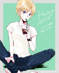 Rule 34 | 1girl, barefoot, bishoujo senshi sailor moon, blonde hair, blue eyes, casual, character name, cup, dated, denim, drink, drinking, drinking straw, green background, highres, jeans, looking at viewer, pants, shirt, short hair, simple background, solo, ^^^, t-shirt, taromako, ten&#039;ou haruka