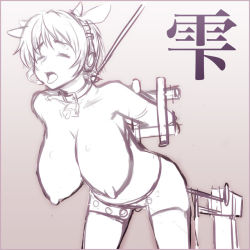 Rule 34 | 10s, 1girl, animal ears, arms behind back, bdsm, bell, neck bell, bent over, bondage, bound, breasts, collar, cow ears, cow horns, cowbell, closed eyes, fake animal ears, hanging breasts, headset, horns, huge breasts, idolmaster, idolmaster cinderella girls, leash, machine, monochrome, nipples, oikawa shizuku, open mouth, sex machine, short hair, slave, solo, stocks, topless, zero hime