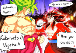 2boys abs absurdres anger_vein aura blue_eyes broly_(dragon_ball_z) clenched_teeth commentary_request dragon_ball dragon_ball_heroes dragonball_z earrings english_text gloves gold_earrings highres hoop_earrings jewelry jiajiajiajiaa legendary_super_saiyan long_hair male_focus monkey_boy multiple_boys muscular muscular_male nipples no_pupils pants pointing pointing_at_self pointing_with_thumb potara_earrings red_fur red_hair red_pants short_hair speech_bubble spiked_hair spoken_anger_vein super_full_power_saiyan_4_limit_breaker super_saiyan teeth topless_male vegetto vegetto_(xeno) white_gloves