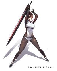 Rule 34 | 1girl, arms up, black gloves, bodysuit, brown hair, copyright name, counter:side, covered navel, ddolggol, earrings, english text, eyepatch, gloves, greatsword, highres, holding, holding sword, holding weapon, jewelry, lee sooyeon, navel, open mouth, orange eyes, ponytail, shadow, short hair, single earring, skin tight, solo, sword, teeth, tongue, weapon, white background