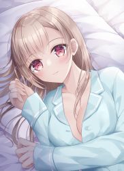 Rule 34 | 1girl, :3, bed sheet, blue pajamas, blue shirt, blush, breasts, brown hair, cleavage, closed mouth, collarbone, collared shirt, commentary request, dress shirt, hands up, highres, kohinata hoshimi, long hair, long sleeves, looking at viewer, lying, medium breasts, on side, original, pajamas, parted bangs, pillow, red eyes, shirt, sleeves past wrists, solo