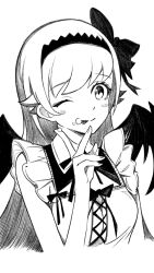 Rule 34 | 1girl, bat wings, black-painter, blush stickers, bow, food, greyscale, hair bow, hairband, highres, long hair, looking at viewer, monochrome, one eye closed, oshino shinobu, solo, tongue, tongue out, upper body, wings
