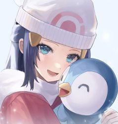 Rule 34 | 1girl, :d, absurdres, beanie, blue background, blue eyes, blue hair, cheek-to-cheek, close-up, creatures (company), dawn (pokemon), ff 01, game freak, gen 4 pokemon, happy, hat, heads together, highres, hug, jacket, long hair, looking at viewer, nintendo, open mouth, piplup, pokemon, pokemon (creature), pokemon dppt, pokemon platinum, print headwear, red jacket, scarf, smile, white headwear, white scarf