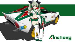 Rule 34 | 1girl, absurdres, anchovy (girls und panzer), boots, brown eyes, car, character name, girls und panzer, grey hair, hand on own hip, highres, holding, holding umbrella, kano (nakanotakahiro1029), lancia (brand), lancia stratos, micro shorts, motor vehicle, race vehicle, racecar, rally car, shorts, solo, standing, thigh boots, thighhighs, twintails, umbrella, vehicle focus