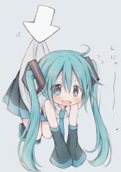 Rule 34 | 1girl, absurdres, aqua eyes, aqua hair, aqua necktie, bare shoulders, black skirt, black sleeves, blush, cursor, detached sleeves, embarrassed, furrowed brow, grey background, grey shirt, hair ornament, hatsune miku, highres, hitode, holding, holding clothes, holding shirt, lifting person, long hair, necktie, shirt, skirt, sleeveless, sleeveless shirt, sleeves past fingers, sleeves past wrists, solo, translated, twintails, very long hair, vocaloid