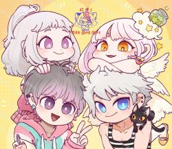 Rule 34 | 2boys, 2girls, :d, black cat, blue eyes, cat, closed mouth, feathered wings, grey hair, hand on another&#039;s head, highres, hua hua de meme, jacket, long hair, looking at viewer, multiple boys, multiple girls, on person, open mouth, original, pink eyes, pink jacket, ponytail, purple eyes, smile, star (symbol), striped tank top, tank top, upper body, watermark, white hair, white wings, wings, yellow background, yellow eyes