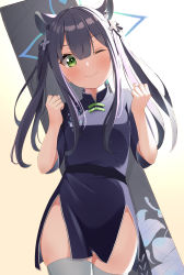 Rule 34 | 1girl, absurdres, animal ear fluff, animal ears, black dress, black hair, blue archive, blunt bangs, china dress, chinese clothes, clenched hands, dress, green eyes, highres, long hair, one eye closed, rindou ringdong, short sleeves, shun (blue archive), shun (small) (blue archive), smile, solo, thighhighs, thighs, tiger ears, tiger girl, twintails, weapon case, white thighhighs, zettai ryouiki