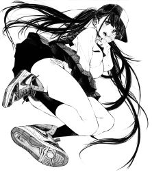 Rule 34 | 1girl, absurdres, ass, black hair, breasts, gagaimo, greyscale, highres, large breasts, legs, long hair, monochrome, open mouth, original, panties, pantyshot, school uniform, shoes, skirt, socks, solo, thighs, traditional media, twintails, underwear