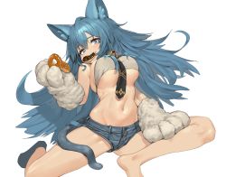 Rule 34 | 1girl, absurdres, animal ears, animal hands, bare shoulders, bell, between breasts, bikini, bikini top only, black necktie, blue eyes, blue hair, breasts, cat ears, cat girl, cat tail, denim, denim shorts, doughnut, food, gloves, grey bikini, groin, highres, holding, holding food, jingle bell, large breasts, long hair, looking at viewer, micro shorts, mouth hold, navel, necktie, original, paw gloves, romana, shorts, simple background, sitting, socks, solo, stomach, swimsuit, tail, thighs, underboob, very long hair, white background