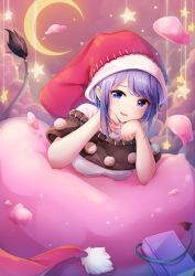 Rule 34 | 1girl, :3, blue eyes, blue hair, book, breasts, chinese commentary, cloud, cloudy sky, commentary request, crescent moon, curled fingers, doremy sweet, dream soul, dress, elbow rest, hand on own chin, hat, head rest, highres, large breasts, layered dress, looking at viewer, lying, moon, nightcap, on stomach, open mouth, pom pom (clothes), short sleeves, sky, solo, star (symbol), string, tail, tapir tail, touhou, umou (may65879)