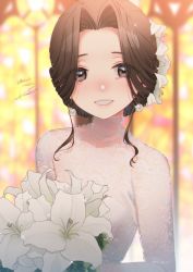 Rule 34 | 1girl, alternate costume, backlighting, blurry, blurry background, bouquet, brown eyes, brown hair, commentary request, commission, crying, crying with eyes open, dated, depth of field, dress, earrings, eyes visible through hair, flower, forehead, glint, happy tears, holding, holding bouquet, jewelry, jintsuu (kancolle), kantai collection, koruri, lily (flower), long sleeves, looking at viewer, short hair, signature, skeb commission, solo, tears, twitter username, upper body, wedding dress, white dress, white flower