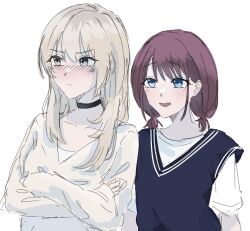 Rule 34 | 2girls, black choker, black sweater vest, blue eyes, blush, choker, closed mouth, commentary request, crossed arms, dol ce hmhn, girls band cry, grey eyes, highres, iseri nina, kawaragi momoka, light brown hair, long hair, long sleeves, looking at another, multicolored hair, multiple girls, open mouth, red hair, roots (hair), shirt, short sleeves, short twintails, simple background, smile, sweater vest, twintails, upper body, white background, white shirt