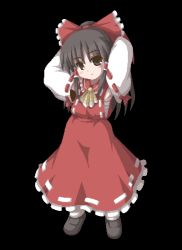 Rule 34 | 1girl, arms up, black background, bow, detached sleeves, dress, female focus, fukaiton, full body, hair bow, hakurei reimu, loafers, long hair, long sleeves, looking at viewer, pixel art, ponytail, red bow, red dress, ribbon-trimmed dress, ribbon-trimmed sleeves, ribbon trim, shoes, sidelocks, simple background, solo, standing, touhou