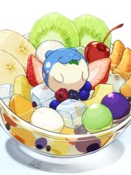 cherry closed_eyes closed_mouth commentary_request creatures_(company) fangs food fruit game_freak gen_3_pokemon happy highres ice ice_cube kiwi_(fruit) kiwi_slice mouth_hold nintendo no_humans pokemon pokemon_(creature) solo spheal tatsumi_(panneko) water