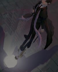 Rule 34 | 1boy, absurdres, arrodes (lord of the mysteries), black cape, black footwear, black hair, black jacket, black necktie, black pants, building, cane, cape, closed eyes, congxiangsiyi361, empty eyes, full moon, glasses, highres, holding, holding cane, jacket, klein moretti, looking down, lord of the mysteries, moon, necktie, pants, purple scarf, reflection, reflective floor, scarf, shirt, skyscraper, white shirt, window, yellow jacket