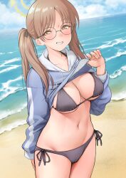 Rule 34 | 1girl, absurdres, beach, bikini, black bikini, blue archive, blue sky, blush, breasts, brown hair, cleavage, clothes lift, cloud, commentary request, day, glasses, grey sweater, grin, halo, highres, horizon, long sleeves, looking at viewer, medium breasts, moe (blue archive), moe (swimsuit) (blue archive), navel, ocean, outdoors, oxxo (dlengur), round eyewear, sky, smile, solo, standing, sweater, sweater lift, swimsuit, underboob, yellow eyes