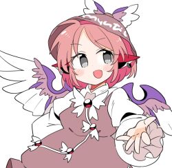 1girl :d animal_ears bird_ears bird_wings blush brown_dress brown_hat collared_shirt commentary_request dress earrings fang grey_eyes hat ini_(inunabe00) jewelry long_sleeves looking_at_viewer mystia_lorelei open_mouth outstretched_arm pink_hair shirt short_hair simple_background single_earring sleeve_garter smile solo touhou upper_body white_background white_shirt winged_hat wings