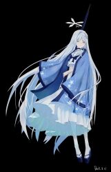 Rule 34 | 1girl, black background, blue archive, dazk, dress, full body, halo, long hair, long sleeves, looking at viewer, nagusa (blue archive), simple background, solo, very long hair, white hair