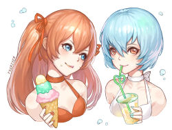 Rule 34 | 2girls, artist name, ayanami rei, blue eyes, blue hair, blue nails, choker, drink, drinking, drinking straw, eating, fogriver, food, food on face, halterneck, ice cream, licking lips, long hair, looking at another, looking at viewer, multiple girls, nail polish, neon genesis evangelion, orange eyes, orange hair, red nails, short hair, smile, souryuu asuka langley, tongue, tongue out, two side up, upper body