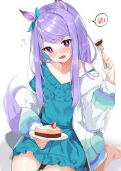 Rule 34 | 1girl, absurdres, animal ears, aqua ribbon, bare legs, barefoot, blue dress, blush, bow, cake, collarbone, commentary request, dress, ear ribbon, eating, food, food on face, fork, highres, holding, holding fork, holding plate, horse ears, horse girl, horse tail, jacket, long hair, long sleeves, looking at viewer, mejiro mcqueen (umamusume), open clothes, open jacket, open mouth, plate, purple eyes, purple hair, ribbon, sitting, solo, spoken blush, swept bangs, tail, togo (korlsj1235), umamusume, white background, white jacket