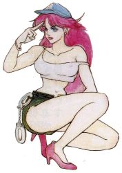 Rule 34 | 1990s (style), capcom, cuffs, denim, covered erect nipples, final fight, handcuffs, official art, pink hair, poison (final fight), retro artstyle, street fighter, yasuda akira
