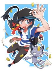 Rule 34 | 1boy, 1girl, :&lt;, :3, :d, :o, alolan form, alolan meowth, bag, baseball cap, beanie, black hair, black hat, black pants, blue eyes, blue footwear, blush, bob cut, buttons, capri pants, cat, closed mouth, coin, collarbone, creatures (company), crossed legs, elio (pokemon), fang, floral print, full body, futako (gemini ds), game freak, gen 7 pokemon, gold, green shorts, groin, hand gesture, handbag, hat, holding, koban (gold), litten, looking at another, looking away, looking to the side, money, nintendo, ok sign, on shoulder, open mouth, outline, pants, pokemon, pokemon (creature), pokemon adventures, pokemon sm, red hat, selene (pokemon), shirt, shoes, short hair, short sleeves, shorts, sideways hat, signature, simple background, smile, solo focus, sparkle, star (symbol), strap, striped clothes, striped shirt, swept bangs, symbol-shaped pupils, t-shirt, tabby cat, tareme, tongue, whiskers, white background, yellow shirt, yen sign