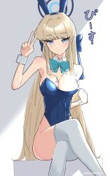 Rule 34 | 1girl, animal ears, blue archive, blue bow, blue bowtie, blue leotard, bow, bowtie, breasts, cleavage, commentary request, crossed legs, fake animal ears, halo, highres, leotard, long hair, looking at viewer, medium breasts, mitojyaneeeeyo, official alternate costume, playboy bunny, solo, thighhighs, toki (blue archive), toki (bunny) (blue archive), traditional bowtie, translation request, v, white thighhighs, wrist cuffs
