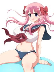 Rule 34 | 1girl, :d, blue eyes, breasts, cleavage, floating hair, haramura nodoka, highres, huge breasts, large breasts, long hair, midriff, navel, open mouth, pink hair, sailor bikini, sailor collar, saki (manga), simple background, sitting, smile, solo, tedain, twintails, white background